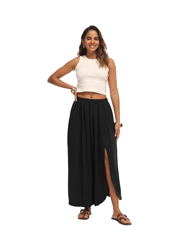 HiMONE Womens Maxi Skirt High Waisted Flowy A Line with Side Slit - color: A01-black, size: X-Large