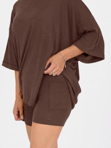 Fisoew Womens 2 Piece Lounge Set Ribbed Oversized T-Shirt Biker Shorts - color: Brown, size: X-Large