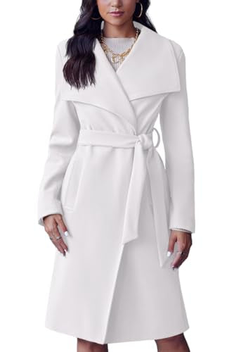 Cicy Bell Women's Pea Trench Coat Lapel Collar Long Jacket Open Front Belted Overcoat with Pockets - color: White, size: Small