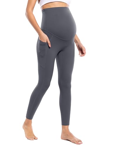POSHDIVAH Maternity Workout Leggings with Pockets Ultra Soft Yoga Pants - color: Grey, size: Medium