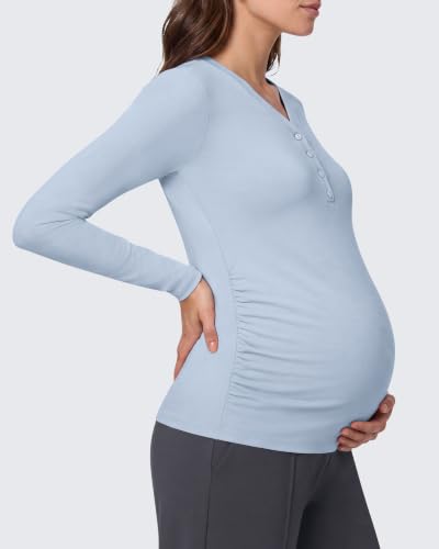 G4Free Lyocell Maternity Shirts Long Sleeve Button Front Henley Neck Ruched - color: Light Denim, size: Large
