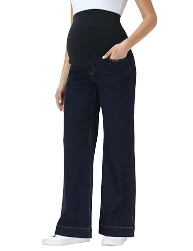 Foucome Maternity Jeans Wide Leg Trendy Pregnancy Denim Pants - color: Midnight Blue, size: Medium