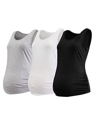 Motherhood Maternity Womens Sleeveless Scoop Neck Side Ruched Tank Top 3 Packs - color: Black/White/H. Grey, size: X-Small