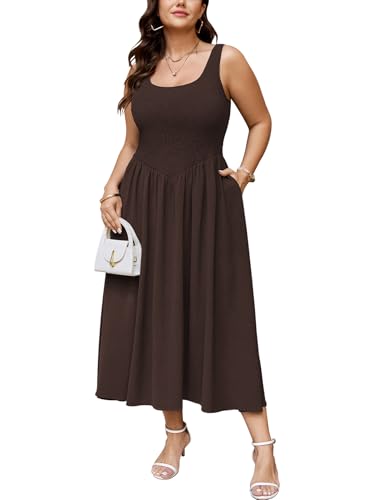 SCOMCHIC Women's Plus Size Summer Tank Dress Sleeveless Smocked A Line Flowy Maxi Dresses - color: Brown, size: XX-Large Plus