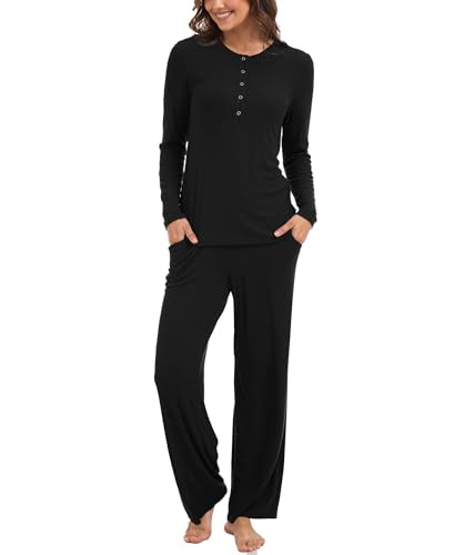 GYS Women's Bamboo Viscose Nursing Pajama Set, Wide Waist Cooling - color: Black, size: Large