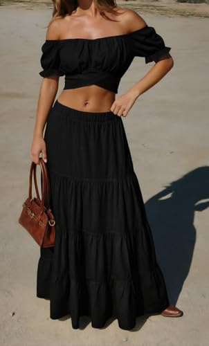 Womens 2 Piece Outfit Boho Summer Vacation Top Maxi Skirt Set - color: Black, size: X-Large