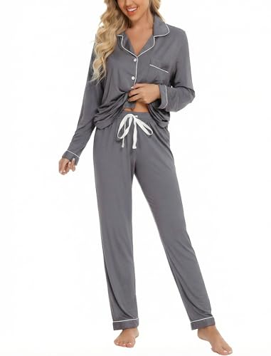 Leikar Button Up Pajamas For Women Long Sleeve Viscose Soft Pjs Lounge - color: Dark Grey, size: Large