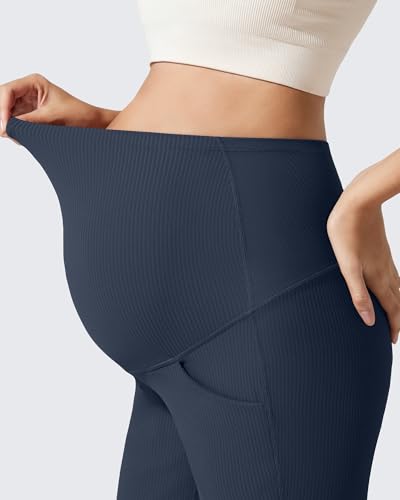 G4Free Ribbed Maternity Pants Yoga Flare Pregnancy Leggings Casual - color: Dark Navy, size: Medium