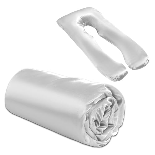 BALAPET Silky Satin Pregnancy Pillow Cover (ONLY Pillowcase), U Shaped Luxurious Smooth Maternity Pillow Cover, Soft & Breathable Large Pillow Protector with Hidden Zip for Side Sleeper, White - color: White