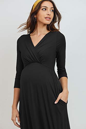 LaClef Women's Wrapped Ruched Maternity Dress with Pocket - color: Black, size: X-Large