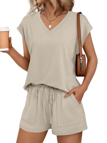 AUTOMET 2 Piece Summer Short Set Matching V Neck Cap Sleeve Lounge Clothing - color: Khaki, size: Medium