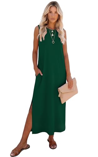RUMIA Womens Summer Dresses Sleeveless Long Dress with Pockets - color: Green, size: Medium
