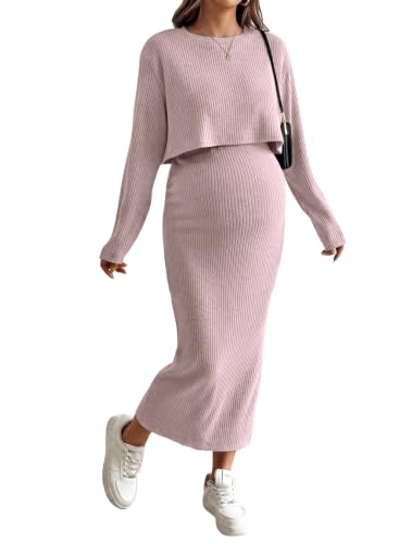 BLENCOT Maternity 2 Piece Outfits Ribbed Knit Crop Top Midi Skirt Set - color: Light Pink, size: X-Large