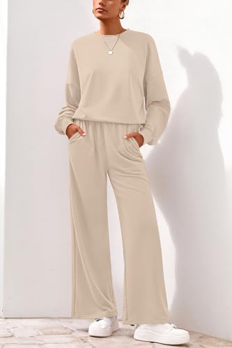 PRETTYGARDEN Women 2 Piece Outfits Fall Sweatsuit Lounge Set - color: Beige, size: X-Large
