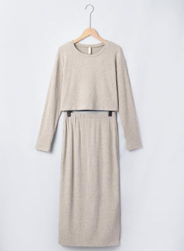 BLENCOT Maternity 2 Piece Outfits Ribbed Knit Crop Top Midi Skirt Set - color: Apricot, size: Medium