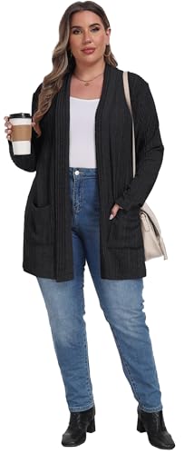 OLRIK Womens Plus Size Cardigan Loose Outwear with Pockets - color: C-black, size: 1X