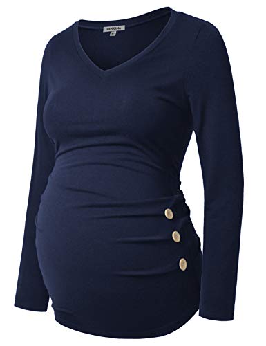 GINKANA Maternity Shirt Long Sleeve Basic Top Ruch Sides Buttons Tshirt for Pregnant - color: Navy Blue, size: Medium
