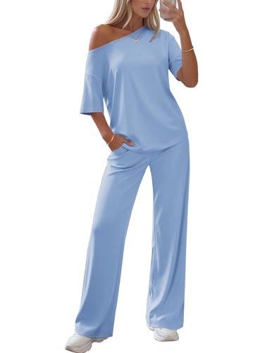 Ekouaer Women's Lounge Set Off Shoulder Short Sleeve Top & Long Pants Set - color: Blue Clear, size: Small