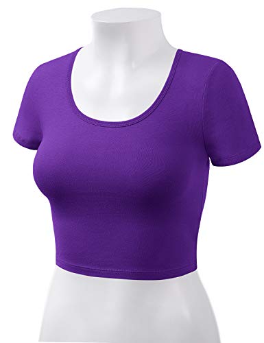 Women Cotton Scoop Neck Crop Tops Short Sleeve Basic Casual Shirts - color: 939-purple, size: X-Small