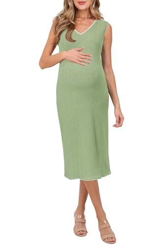 OUGES Women's Sleeveless V Neck Bodycon Casual Maternity Midi Dress - color: Mint Green, size: XX-Large