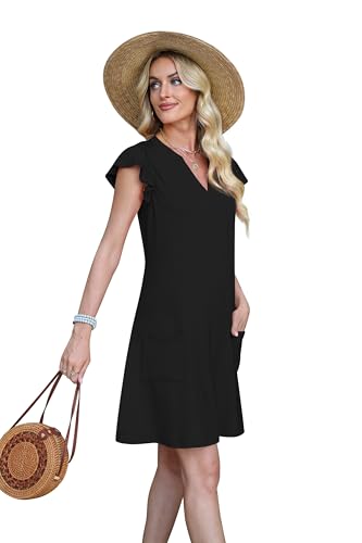 OFEEFAN Spring Summer Dresses for Women 2026 Casual Ruffle Sleeve V Neck Loose Swing Sundresses with Pockets Plain/Print - color: Plain Black, size: Medium