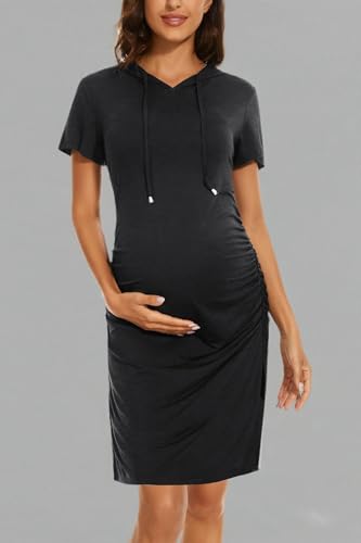 Women's Maternity Hoodie Dress Short Sleeve Split Side Ruched Pregnancy Clothes - color: Deep Grey, size: Small