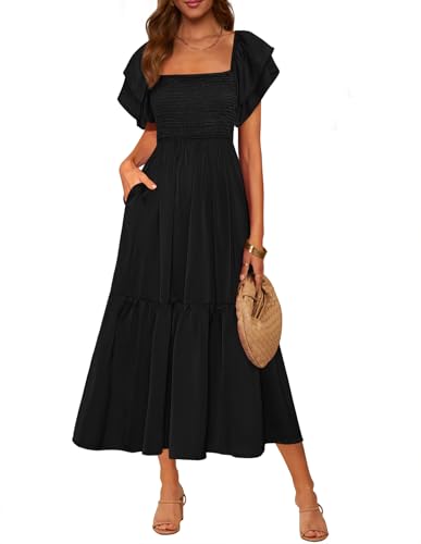 MASCOMODA Womens Summer Casual Smocked Flowy Midi Dress - color: Black, size: X-Large