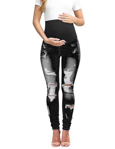 Maternity Jeans Over The Belly Slim Stretch Maternity Work Pants and Pocket - color: Black, size: Large