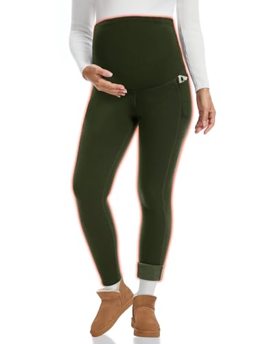 Happy.angel Women's Thick Fleece Lined Maternity Leggings with Pockets - color: Army Green, size: Medium