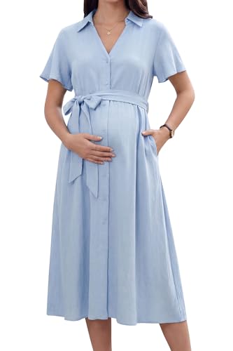 OUGES Women's Summer Maternity Dress Collar V Neck Button Down Tie Waist Casual Midi Dresses with Pockets 2026 - color: Sky Blue, size: XX-Large