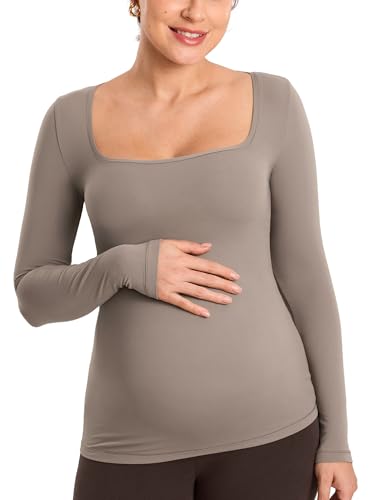 MOMANDA Square Neck Maternity Tops - color: Khaki Taupe, size: Large