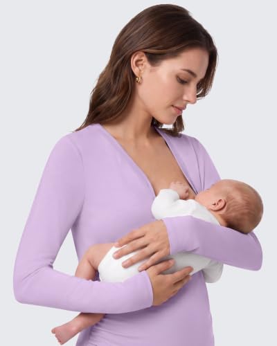 G4Free Lyocell Maternity Shirts Long Sleeve Button Front Henley Neck Ruched - color: Light Purple, size: Small