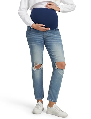 Peauty Ripped Maternity Jeans with Full Belly Panel, Straight Leg - size: 4