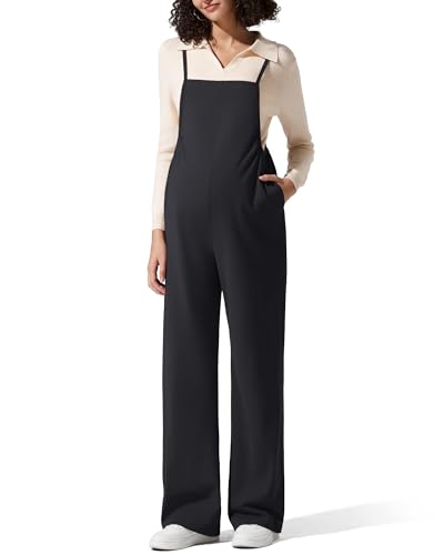 G4Free Maternity Jumpsuits Adjustable Strap Wide Leg Pregnancy Rompers - color: Black, size: Large