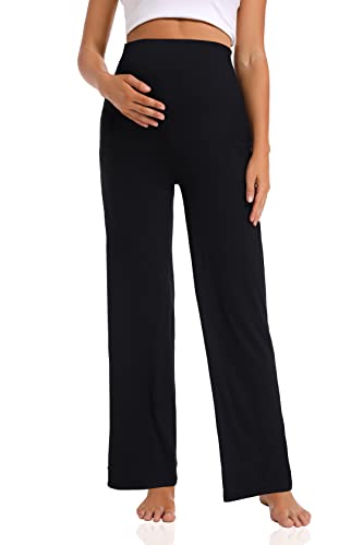 Foucome Women's Maternity Pants Wide Leg Pregnancy Work Pants - color: 2 Pack Black, size: X-Large