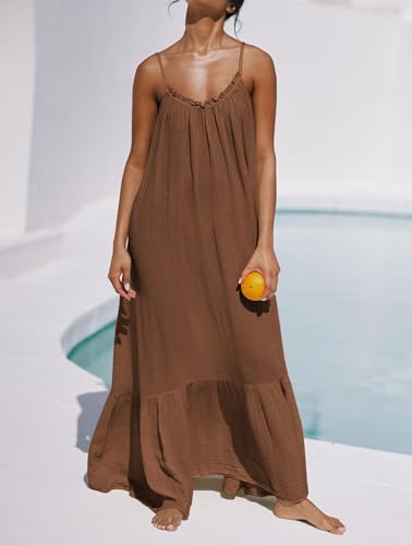 R.Vivimos Women's Summer Cotton Backless Casual Maxi Dress - color: Brown, size: Medium