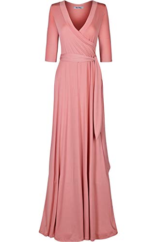 Women's 3/4 Sleeve Deep V-Neck Maxi Faux Wrap Solid Plus Size Dress - color: Blush-v-neck, size: Medium