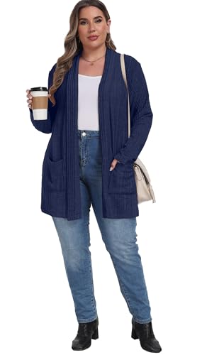 OLRIK Womens Plus Size Cardigan Loose Outwear with Pockets - color: C-navy Blue, size: 5X