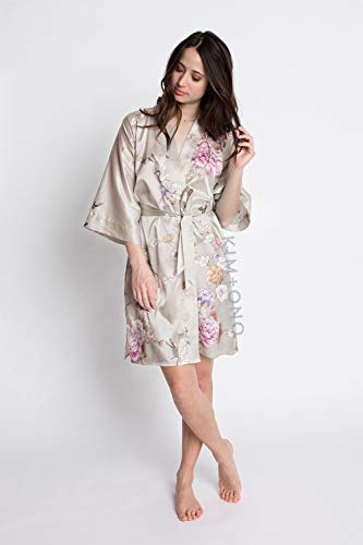 KIM+ONO Satin Short Kimono Robe for Women - color: Chrysanthemum & Crane - Willow