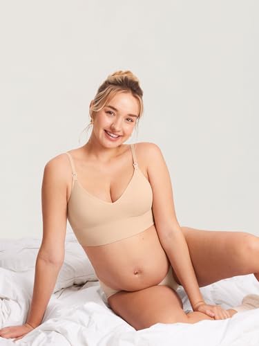 MOMANDA Ribbed Longline Nursing Bras - color: Beige, size: XX-Large