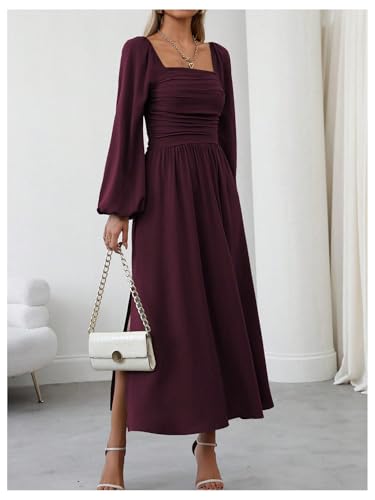Floerns Women's Square Neck Lantern Long Sleeve Split Ruched Midi Dresses - color: Maroon, size: Medium