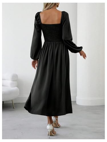 Floerns Women's Square Neck Lantern Long Sleeve Split Ruched Midi Dresses - color: Black, size: Large