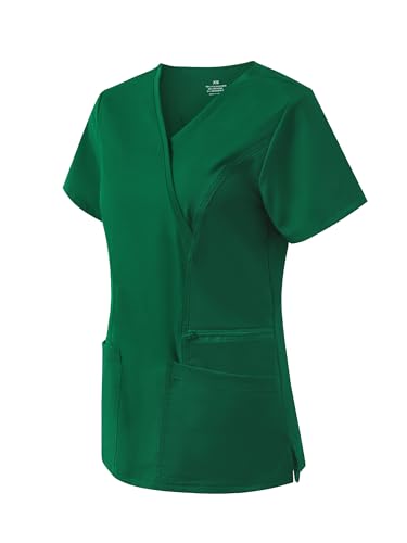 Scrub Tops for Woman, Mock Wrap Tops - color: Hunter Green, size: XX-Large