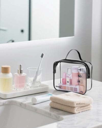 WANDF TSA Approved Toiletry Bag, 2 Pack Clear Makeup Bag - color: A Black with Handle, size: Pack of 2