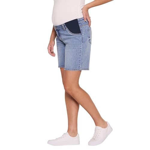 Motherhood Maternity Women's Under the Belly Bermuda Denim Pregnancy Shorts with Side Elastic Panel Insets - size: Small