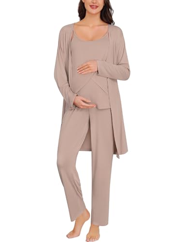 SWOMOG Maternity Pajamas Set 3 PCS Nusing Pajamas Labor and Delivery Gown & Camisole & Pants Postpartum Pjs - color: Ecru, size: Small