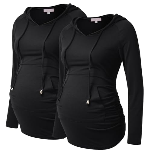 Bhome Maternity Hoodie Long Sleeves Shirt Casual Top Basic Tee Layering Sweatshirt - color: Black/Black, size: Medium