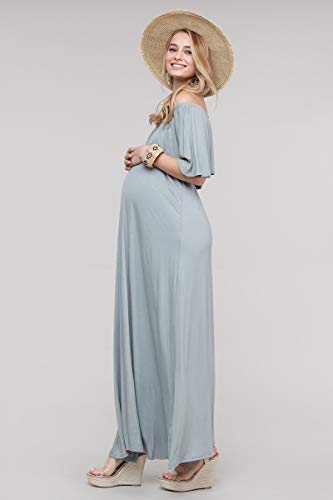 My Bump Women's Ruffle Off The Shoulder Maxi Maternity Dress-Made in USA - color: Blue Grey Solid, size: Medium