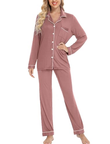 Leikar Button Up Pajamas For Women Long Sleeve Viscose Soft Pjs Lounge - color: Brick Red, size: Medium