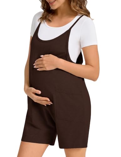 Cotton Blend Maternity Adjustable Strap Overall Shorts - color: Coffee, size: Medium